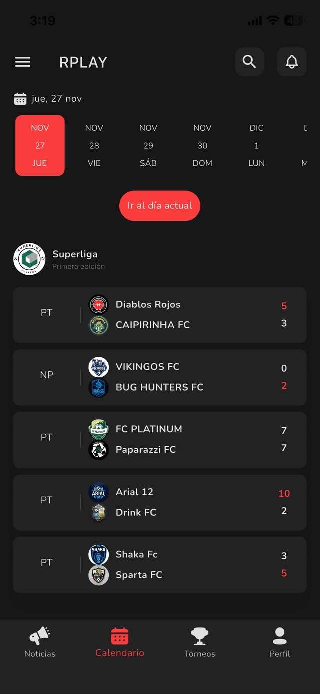 RPLAY App - Calendario de Partidos